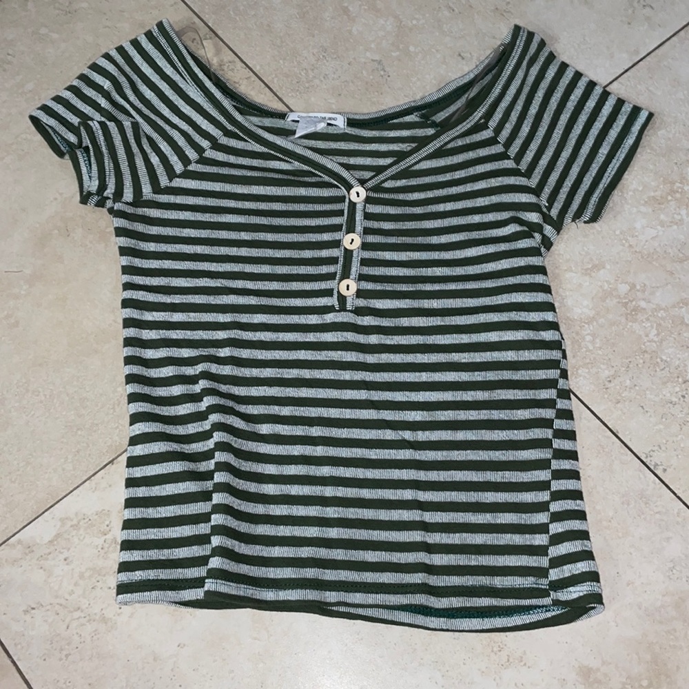 Caution to the Wind green and white striped shirt